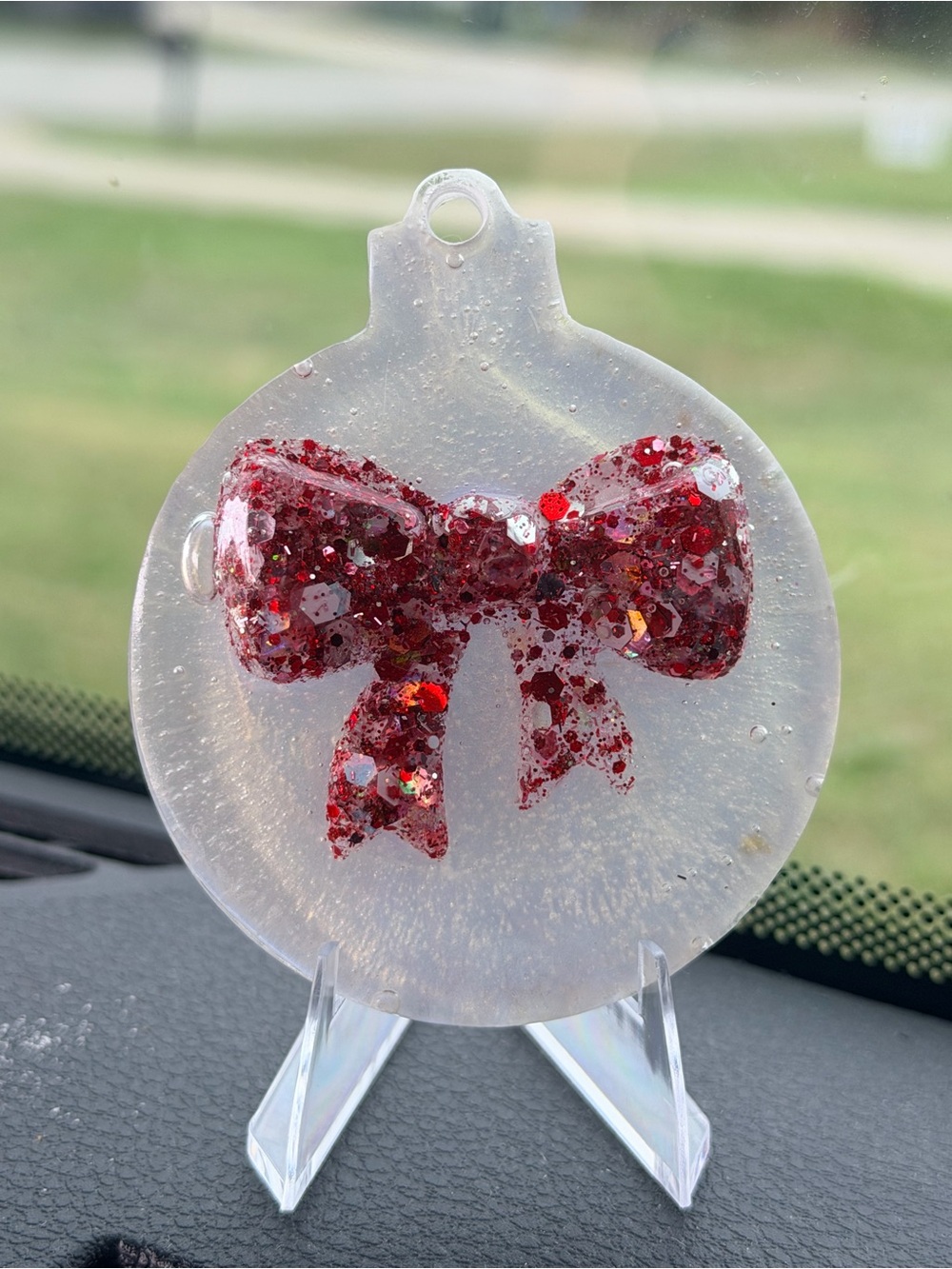 Pearl white Resin Holiday Ornament with Red Glitter Bow